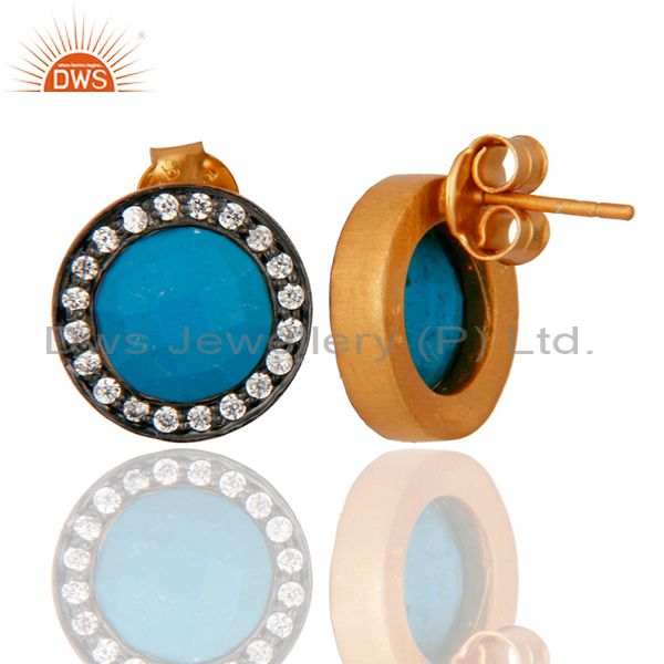 Exporter Turquoise & Cubic Zirconia Fashion Stud Earrings In 18K Gold On Sterling Silver