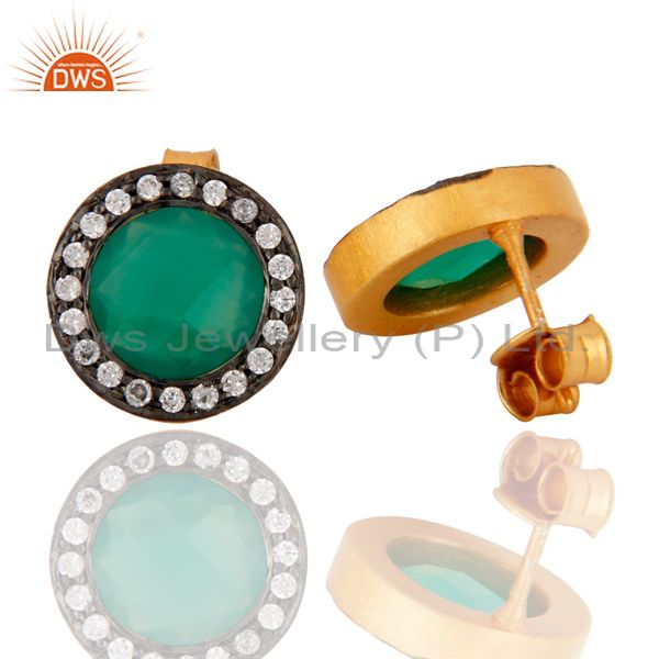 Exporter 18K Yellow Gold Plated Sterling Silver Green Onyx Gemstone Stud Earrings With CZ