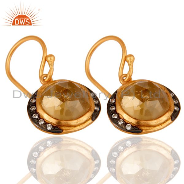 Exporter Genuine Citrine Gemstone 925 Sterling Silver Gold Plated Dangle Hook Earrings