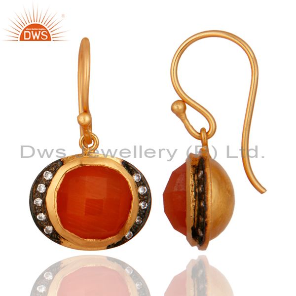 Exporter Peach Moonstone And Cubic Zirconia Fashion Hook Earrings In 18K Gold On Silver