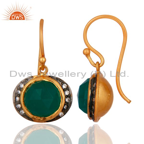 Exporter 18K Yellow Gold Plated Sterling Silver Green Onyx And CZ Dangle Earrings