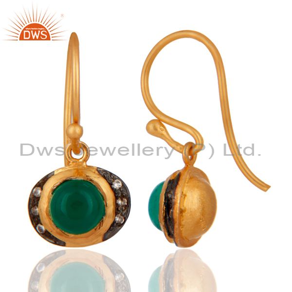 Exporter 22K Yellow Gold Plated Silver Green Onyx And CZ Womens Fashion Dangle Earrings