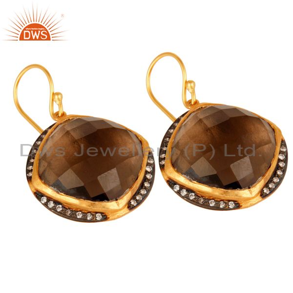 Exporter Natural Smoky Quartz Gemstone Sterling Silver Drop Earrings With 18K Gold Plated