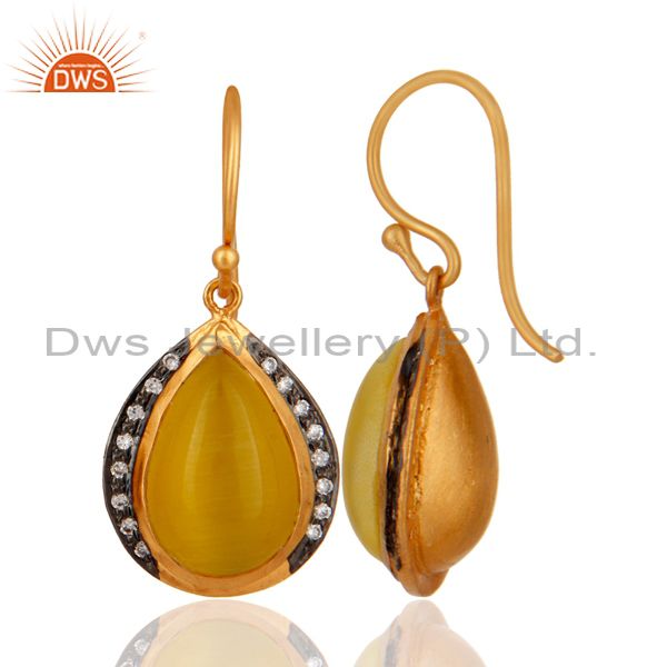 Exporter 18K Gold Over Sterling Silver Yellow Moonstone And CZ Gemstone Drop Earrings