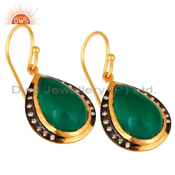 Exporter Natural Green Onyx High Finish Yellow Gold Plated Sterling Silver Drop Earrings