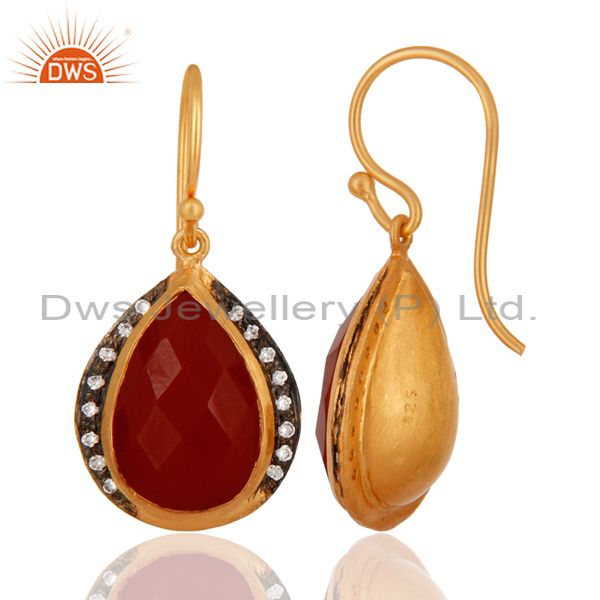 Exporter Natural Red Onyx & White Zircon 925 Sterling Silver 18K Gold Plated Drop Earring
