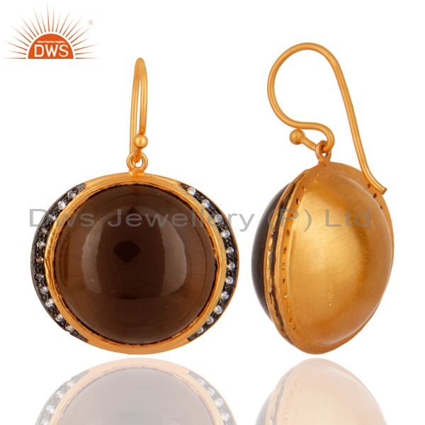 Exporter Natural Smoky Quartz Gemstone Gold Plated 925 Sterling Silver Hook Earrings