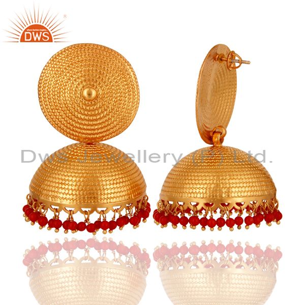 Exporter Designer 18K Gold On Sterling Silver Red Coral Gemstone Jhumka Maharaja Earrings