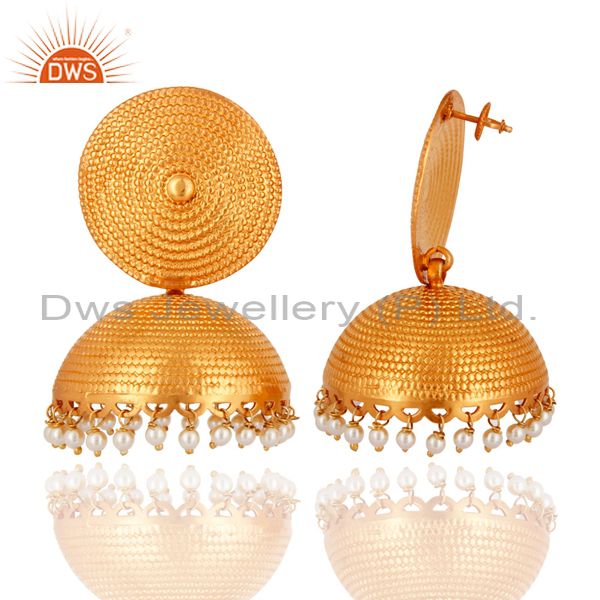 Exporter Genuine Pearl 925 Sterling Silver With Gold Plated Matte Finish Jhumka Earrings