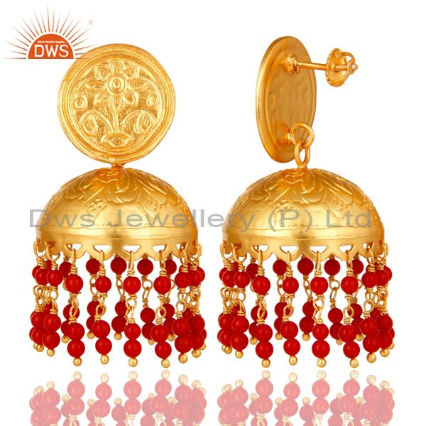 Exporter Handcrafted 22K Gold Over 925 Sterling Silver Red Coral Jhumka Earring For Girls