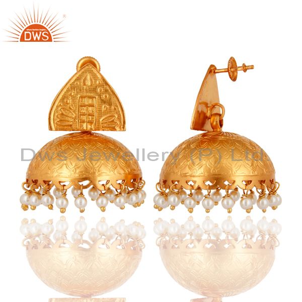 Exporter 18K Gold Plated 925 Sterling Silver Indian Ethnic Natural Pearl Jhumka Earrings