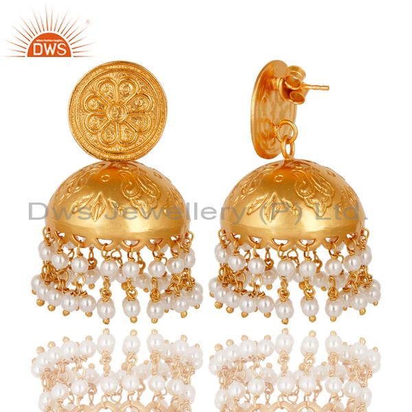 Exporter 18K Yellow Gold Plated Sterling Silver Pearl Bridal Fashion Jhumka Earrings