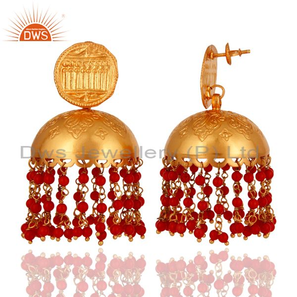 Exporter Beautiful Hand Crafted 18K Gold On 925 Silver Red Coral Gemstone Jhumkas Earring