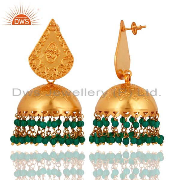 Exporter Indian 18K Gold Plated 925 Sterling Silver Green Onyx Beads Jhumkas Earrings