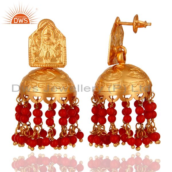 Exporter 18K Gold Over 925 Sterling Silver Red Coral Gemtone Traditional Design Earring