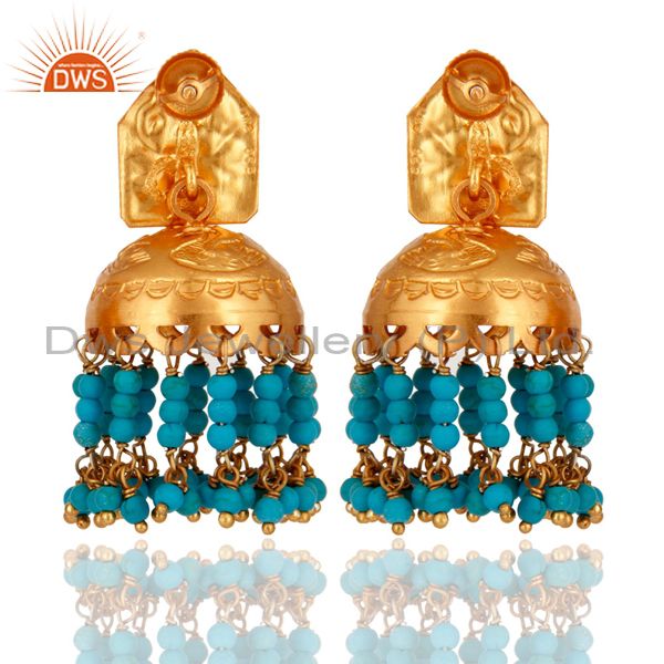 Exporter Turquoise 925 Silver Gold Plated Traditional South Indian Fashion Jhumki Earring