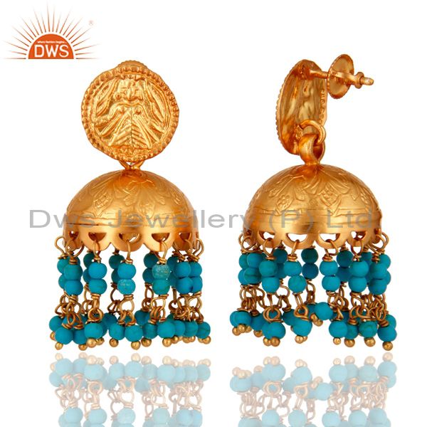 Exporter 18K Gold Plated Sterling Silver Turquoise Gemstone South Indian Style Earrings