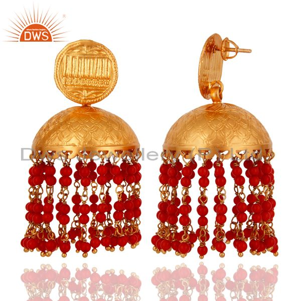 Exporter Traditional Red Coral Sterling Silver 22K Gold Plated Designer Jhumka Earrings