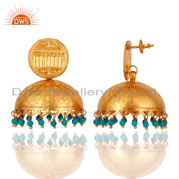 Exporter Designer 18k Gold Plated 925 Sterling Silver Jhumka Earring With Turquoise Beads
