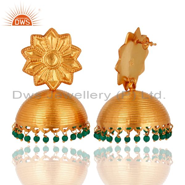 Exporter 22K Yellow Gold Plated 925 Sterling Silver Handmade Green Onyx Gemstone Earring