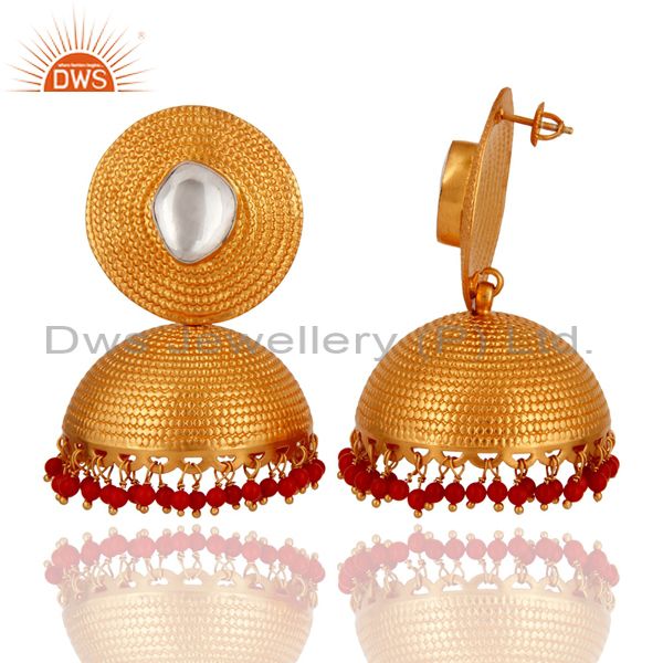 Exporter 22K Gold On 925 Sterling Silver Crystal Quartz Polki & Red Coral Beads Earring