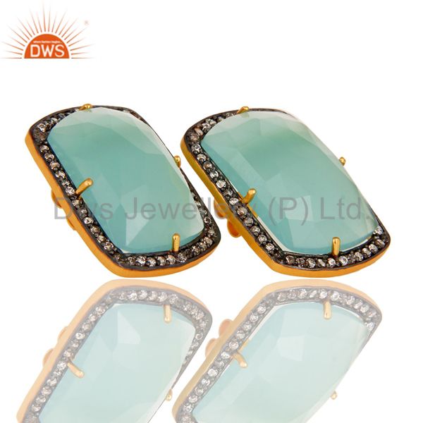 Exporter Handmade Silver With Gold Plated Aqua Chalcedony Girls Fashion Stud Earring