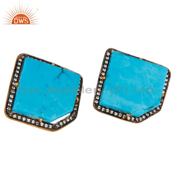 Exporter Lab-Created Turquoise And CZ Sterling Silver With Gold Plated Stud Earrings
