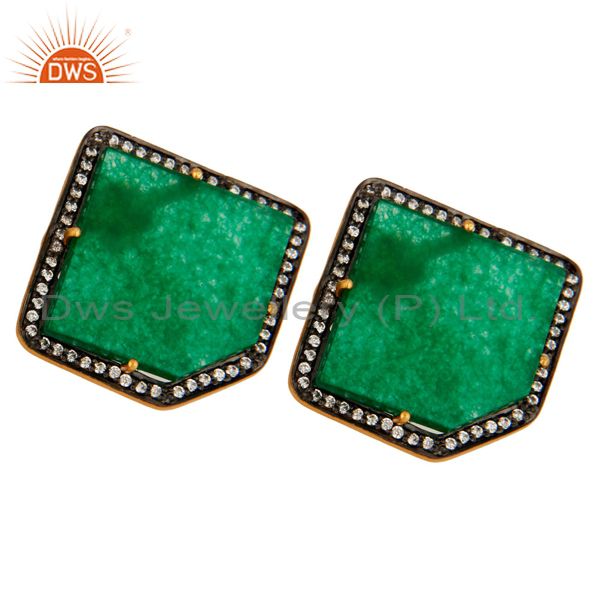Exporter CZ & Slice Cut Green Aventurine Gemstone Stud Earrings In 18K Gold On Silver