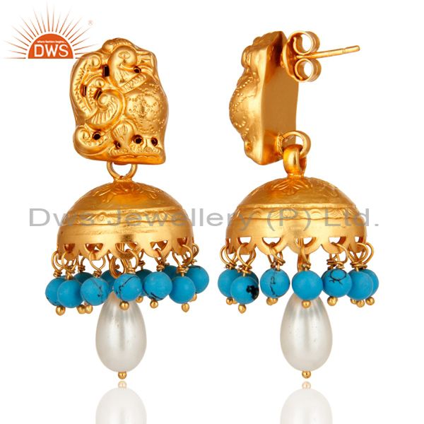 Exporter Gold Plated Sterling Silver Peacock Design Jhumka Earring With Pearl & Turquoise