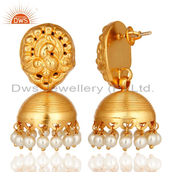 Exporter 14K Yellow Gold Plated Sterling Silver Pearl Earrings With Laxmi Design