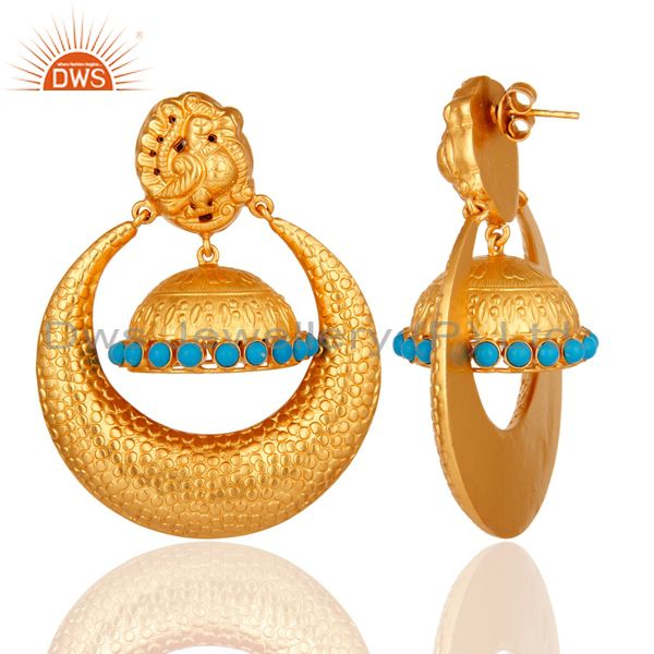 Exporter Textured Gold Plated Sterling Silver Peacock Design Jhumka Earrings With Turquoi