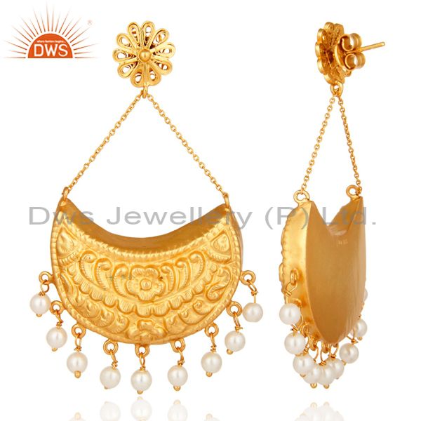 Exporter 18K Gold plated Sterling Silver Crescent Moon Dangle Earrings With Pearl Beads