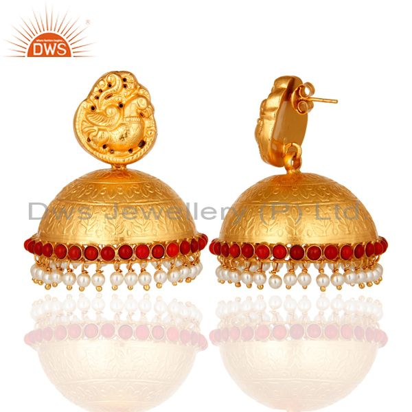 Exporter 18K Gold On Sterling Silver Maharajas Traditional Jhumka Earrings With Pearl