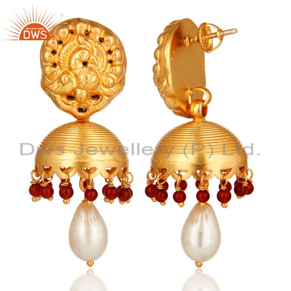 Exporter Red Onyx And Pearl High End Designer Jhumka Earrings in 14K Gold On Sterling Sil