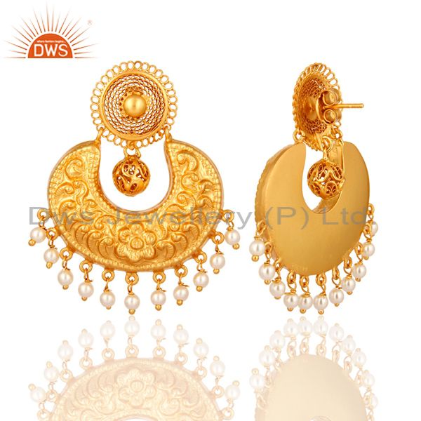 Exporter Natural Pearl Sterling Silver With Yellow Gold Plated Ethnic Designer Earrings