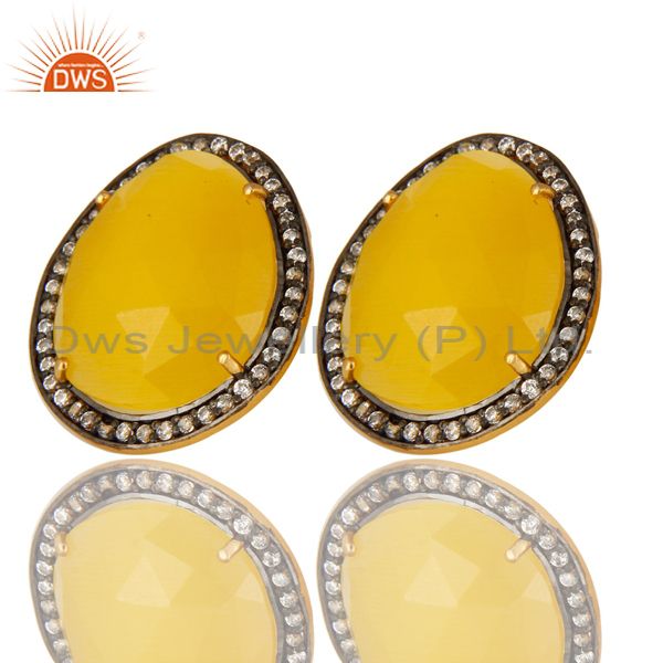 Exporter Yellow Moonstone And CZ Sterling Silver Stud Earrings With 18K Gold Plated