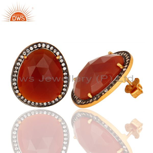 Exporter Faceted Red Onyx Gemstone And CZ Stud Earrings In 14K Gold On Silver
