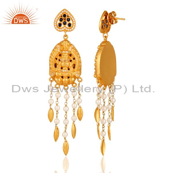 Exporter Handmade Sterling Silver Gold Plated Temple Jhumka Earring With Sapphire & Pearl