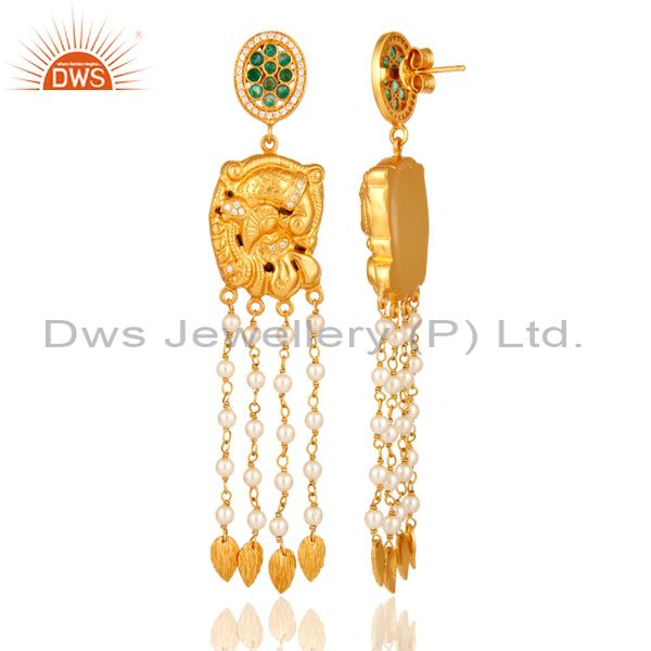 Exporter 22K Gold Plated Sterling Silver Emerald Indian Traditional Chandelier Earrings