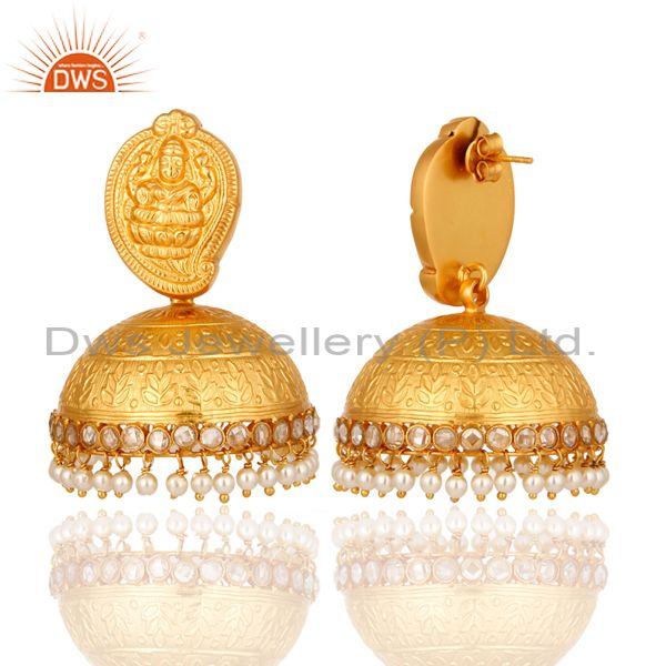 Exporter 22K Yellow Gold Plated Temple Earrings Jewelry With Natural Pearl & CZ