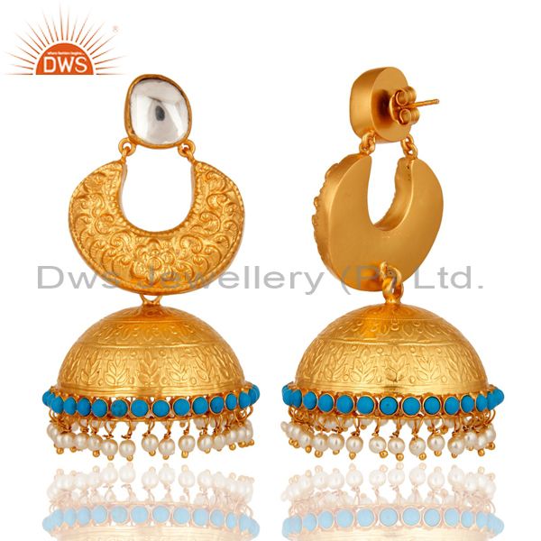 Exporter 22K Gold Plated Sterling Silver Temple Jewelry Earrings With Turquoise & Pearl