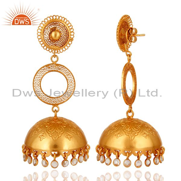 Exporter Designer Gold Plated 925 Silver Indian Ethnic Jhumka Earrings With CZ Polki