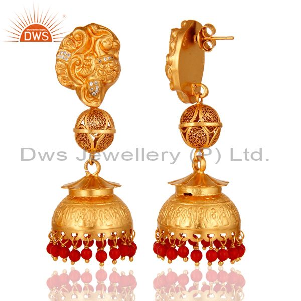 Exporter Coral Gold Plated Sterling Silver Designer Temple Dangle Earrings Gifts for Her
