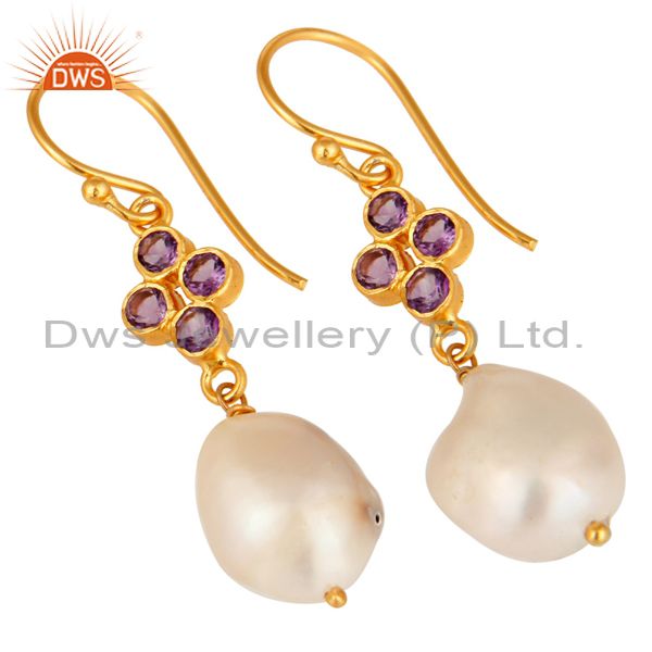 Exporter Amethyst And Natural Pearl Dangle Earrings in 14K Yellow Gold On Sterling Silver