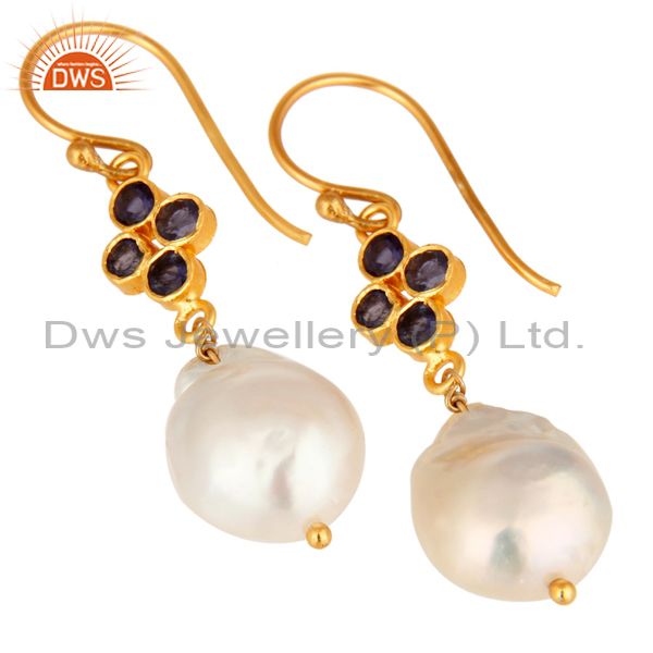 Exporter Gold Plated Sterling Silver Natural Iolite And Pearl Gemstone Hook Earrings