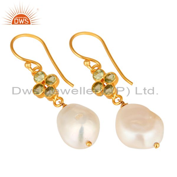 Exporter Sterling Silver Peridot And Natural Pearl Dangle Earrings - Yellow Gold Plated