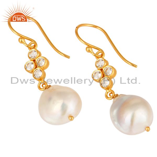 Exporter 18k Gold-Plated Sterling Silver Genuine White Shell Pearl Earrings With Topaz