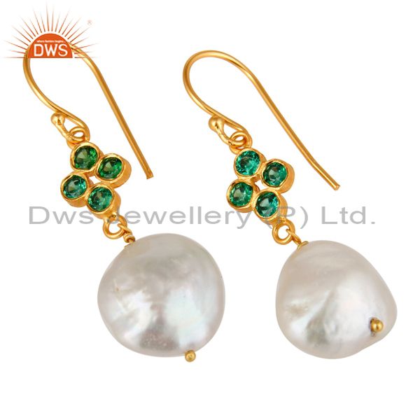 Exporter 18K Yellow Gold Plated Sterling Silver Green CZ And Natural Pearl Dangle Earring