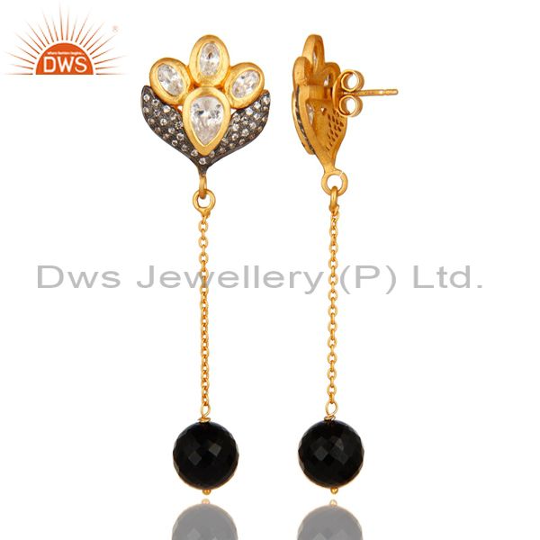 Exporter 18K Gold On Sterling Silver CZ & Faceted Black Onyx Beads Dangle Chain Earrings