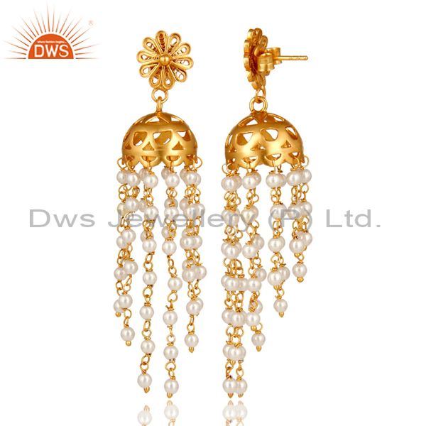 Exporter 18K Yellow Gold Plated Sterling Silver White Pearl Bead Chain Chandelier Earring